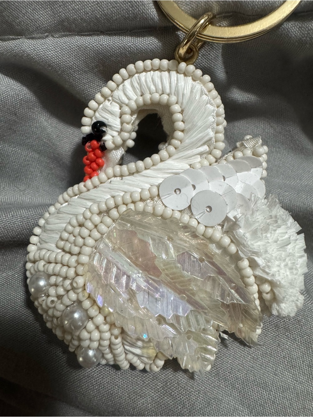 Beaded Swan Keychain - White Iridescent Accents
